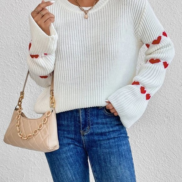 White Preppy Womens Heart Pattern Flounce Sleeve Sweater - Picture 4 of 5